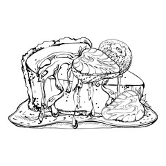 Cheesecake garnished with sliced strawberries and rich melted chocolate drizzle on ceramic plate, hand drawn in vector ink. Recipe e-book illustrations, patisserie or cafe branding, artisanal dessert