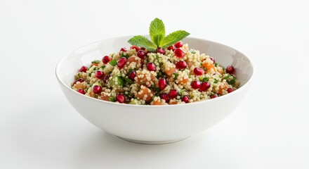 Quinoa salad with pomegranate seeds and mint in a white bowl. Healthy vegetarian meal. Gourmet cuisine for restaurant menu or cookbook.