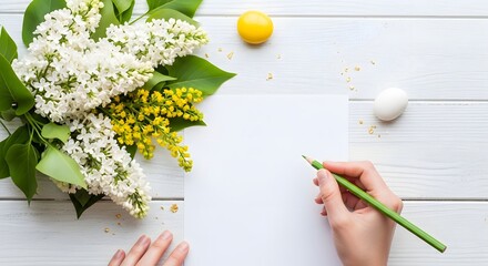 Hand writing on blank paper with lilac and eggs
