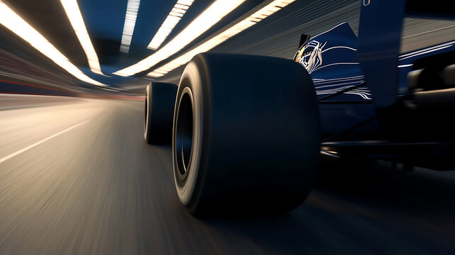 Experience the thrill of speed with this close-up of a race car in motion. The focus on the tires and the blurred background emphasizes the velocity and the race car's dynamic energy.