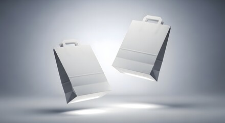 Two white shopping bags floating in studio light
