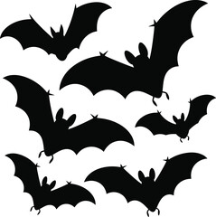 Set of flying bat silhouettes, black vector illustration for Halloween design, spooky night creatures, wildlife animal symbol, horror decoration art