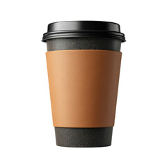 A brown sleeve covers a takeaway coffee cup on a white background, showcasing its simple design and warm appeal