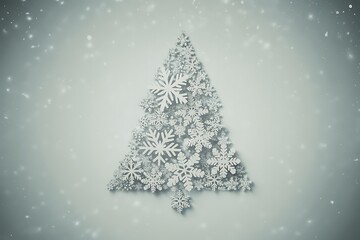 A festive Christmas tree is elegantly formed from a collection of intricate snowflakes against a softly falling snowy background.