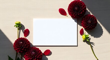 Blank white card with red dahlia flowers and petals on wood