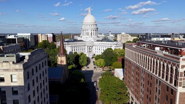 aerial push in to the state capital in madison wisconsin