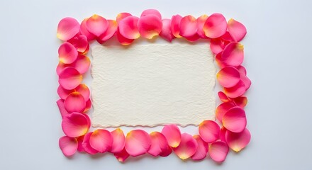 Pink rose petals forming a frame around blank paper