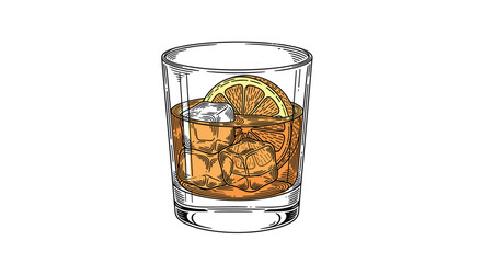 Vintage style engraving of an amber alcoholic drink with ice cubes and a citrus garnish in a clear rocks glass.