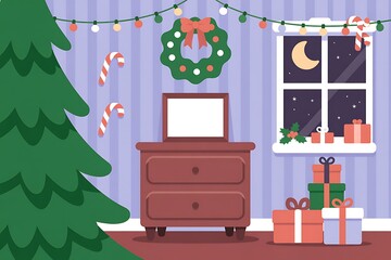 A cozy Christmas scene unfolds with a decorated tree, festive gifts, and a window showing a starry night sky.
