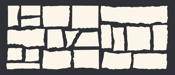 Jagged edge torn paper piece collage grunge cut out shapes vector illustration. Ripped paper abstract frame shape text box template collection.