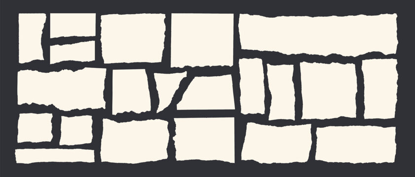 Jagged edge torn paper piece collage grunge cut out shapes vector illustration. Ripped paper abstract frame shape text box template collection.