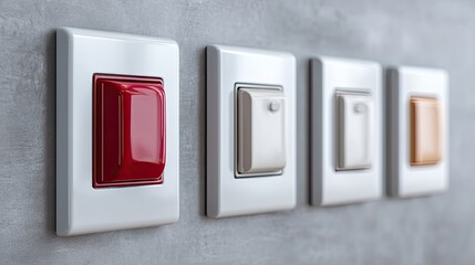 Close Up Of Four Light Switches On A Textured Gray Wall One Red Switch Stands Out Among White And Tan Switches With Detailed Texture And Subtle Lighting