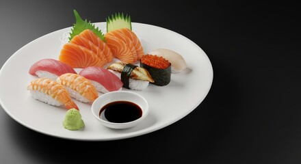 Assorted japanese sushi and sashimi with soy sauce and wasabi on white plate. Fresh seafood cuisine concept for restaurant menu.