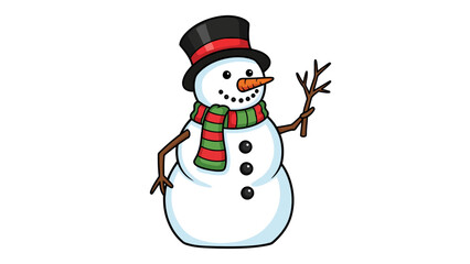A cartoon snowman wearing a top hat and scarf holding a stick