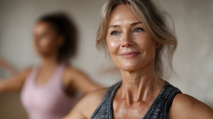 A mature woman smiles while practicing yoga in a fitness class showing signs of effort and well being