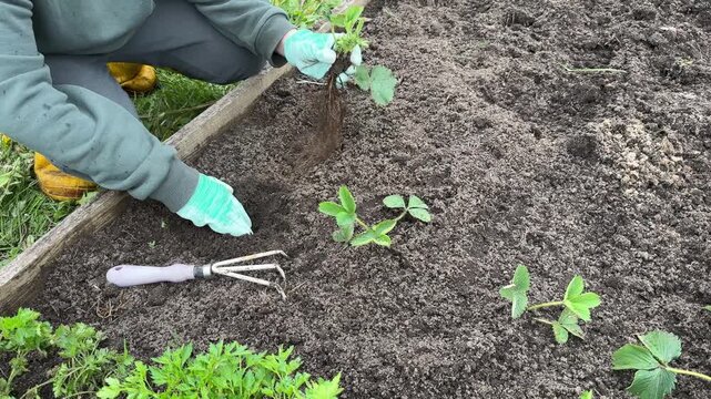A young boy carefully transplants a young strawberry plant into the earth, symbolizing a commitment to ecological awareness, sustainable living, and safeguarding our natural world for the future.
