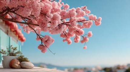 Close Up Of Pink Cherry Blossom Branches Against A Clear Blue Sky With Distant Ocean View And Greenery In Soft Sunlight