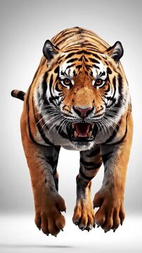 An enraged tiger leaps forward, fur details vivid against a bright backdrop, teeth bared