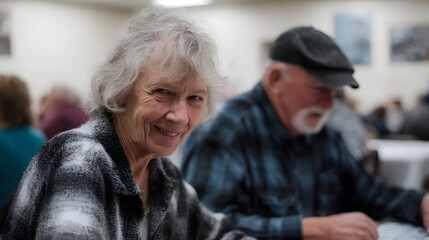 Smiling senior woman in a warm social gathering with other older adults at a comm event
