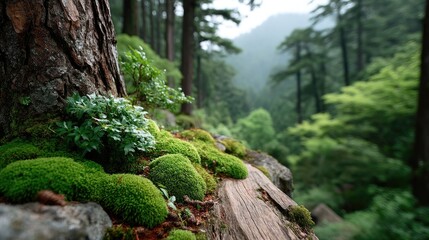 Close Up Of Rough Tree Bark Covered In Vibrant Green Moss And Small Plants With A Lush Forest Background On A Misty Day