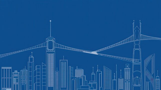 Blueprint style skyline illustration featuring architectural design and urban planning, perfect for architecture firms and engineering projects, stunning and modern design