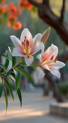 Close Up Of Two Delicate White Lilies With Pink Streaks And Yellow Stamens Blooming In Soft Morning Sunlight With Green Leaves And Blurred Outdoor Park Background