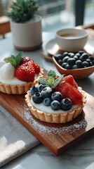 Close up of two fruit tartlets with strawberries and blueberries dusted with powdered sugar on a wooden board with a cup of tea and a small plant in the background natural light.