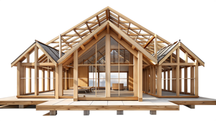 3d illustration of wooden frame of a modern house under construction, isolated on transparent background