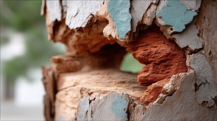 Close Up of Weathered Tree Bark Texture with Peeling Gray and Blue Patches Revealing Reddish Brown Interior and Cavity Against Soft Green Bokeh Background