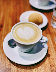 Close-up of Heart-Shaped Latte Art in a White Coffee Cup