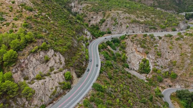 Aerial Landscape views of Ojen town. Ojen is a town and municipality that sits in the mountains behind Marbella in the autonomous community of Andalusia in southern Spain. Ambient drone exploration.