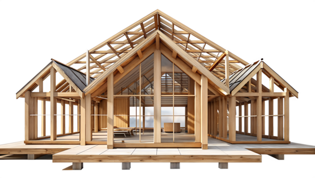 3d illustration of wooden frame of a modern house under construction, isolated on transparent background