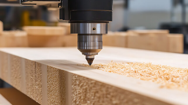 Automated woodworking with a CNC machine: creating precise shapes and designs by cutting a wood panel with a motorized cutting tool, with wood shavings visible.