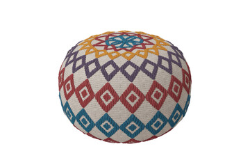 Obraz premium A decorative spherical pouf showcasing colorful geometric patterns including diamonds and a central star motif, on a textured off-white fabric. background removed