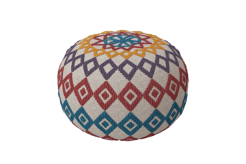 A decorative spherical pouf showcasing colorful geometric patterns including diamonds and a central star motif, on a textured off-white fabric. background removed