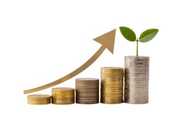 Increasing stacks of coins with a golden arrow and a green sprout symbolize financial growth, investment, and flourishing prosperity, depicting a positive upward trend. background removed