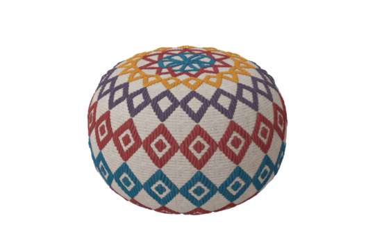 A decorative spherical pouf showcasing colorful geometric patterns including diamonds and a central star motif, on a textured off-white fabric. background removed
