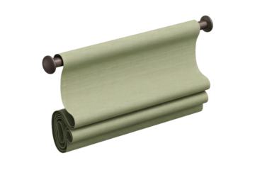 A light green fabric roller blind or Roman shade, partially unrolled, with visible folds, hanging on a dark rod. Simple window treatment. background removed
