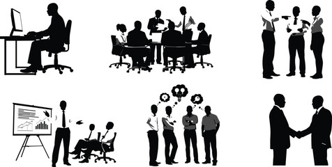 Business silhouettes, teamwork, meeting, presentation, office work, handshake, brainstorming, communication, collaboration, corporate people, success, strategy, leadership, remote work, 