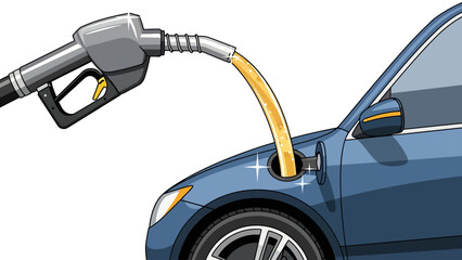 A gas pump nozzle pours fuel into a blue cars fuel tank