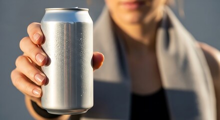 Close-up of a person's hand holding a cold, condensation-covered silver aluminum can, possibly a refreshing drink after exercise.