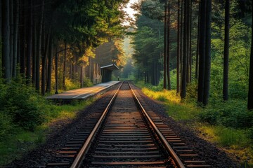 Tranquil railway tracks through lush forest at sunrise near a quiet station