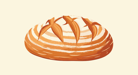 A beautifully scored, rustic round loaf of freshly baked sourdough bread, presented with a dusting of flour on a plain background.