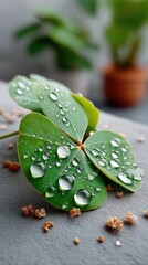 Close up photo of fresh green clover leaf covered in sparkling water droplets after rain on a textured dark surface with blurred green plant background and soft natural lighting