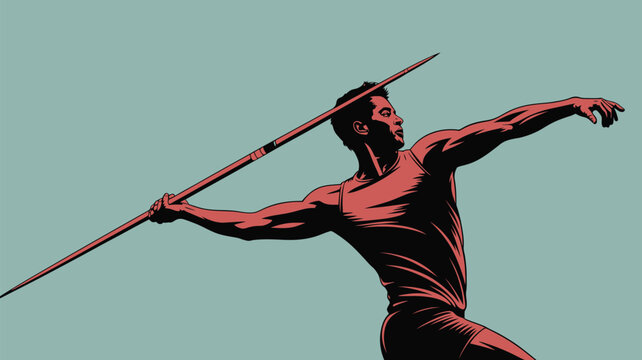 Male athlete throwing a javelin during a professional track and field competition on a solid background.