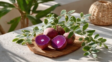 Close up professional flat lay of vibrant purple yams one cut open revealing white speckles on a textured woven mat with green foliage and soft natural light