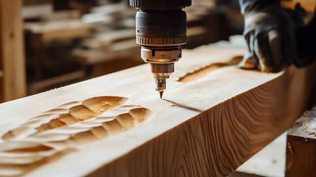 Wood carving process using CNC machine in a workshop. Expertly crafted woodworking showcasing precision and skill.  Celebrating the artistry and craftsmanship involved.