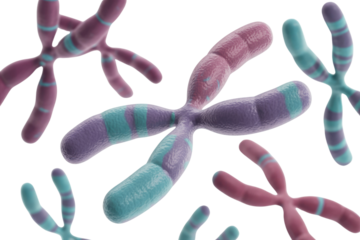 Multiple colorful chromosomes, some X-shaped and some rod-like, displaying distinct banding patterns, symbolizing genetic material and heredity. background removed