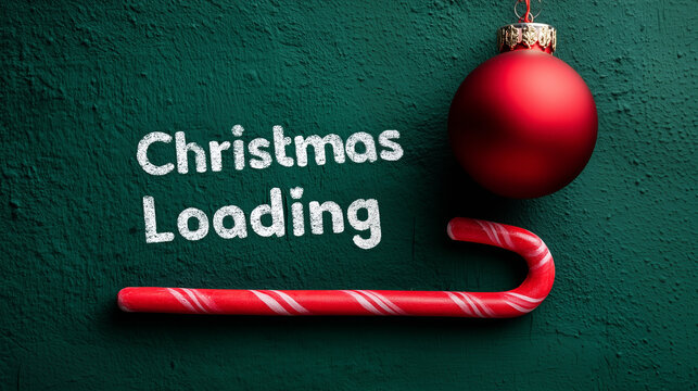 creative minimalist composition featuring a candy cane loading bar drawn in chalk on green textured wall, red bauble hanging above with text "Christmas Loading¦", moody low-key lig