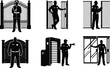 Security guard silhouettes, gate protection, entry control, access checkpoint, safety personnel, turnstile, chain-link, sliding door, iron gate, security infrastructure